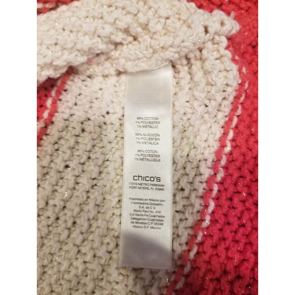 Chico's Women's Size 2 Coral/Ivory Metallic Striped Open knit Coastal‎ Sweater - Picture 9 of 9
